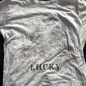Lucky Graphic Tee with Sun and Moon Design